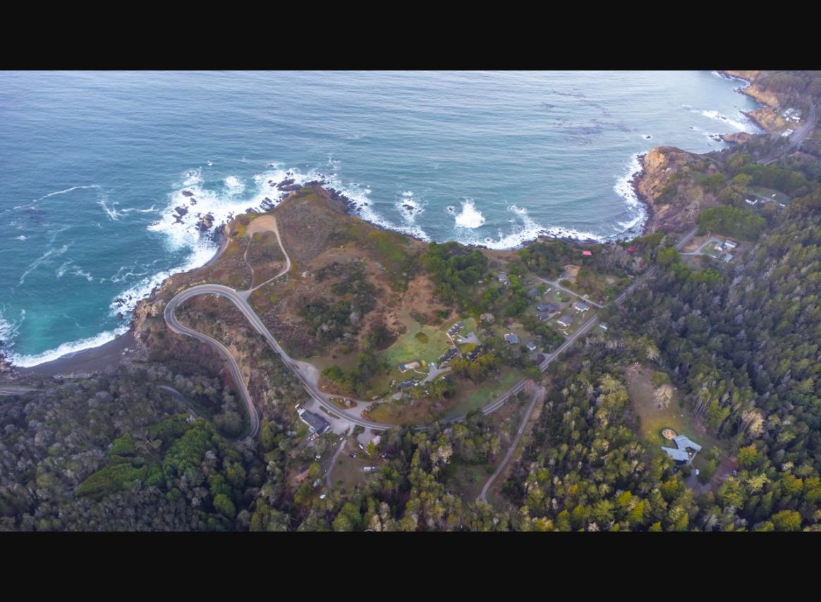 Aerial view of Driftwood Lodge on the Sonoma Coast